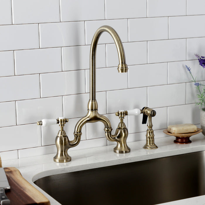 Bel-Air KS7793BPLBS Two-Handle 3-Hole Deck Mount Bridge Kitchen Faucet with Brass Side Sprayer, Antique Brass