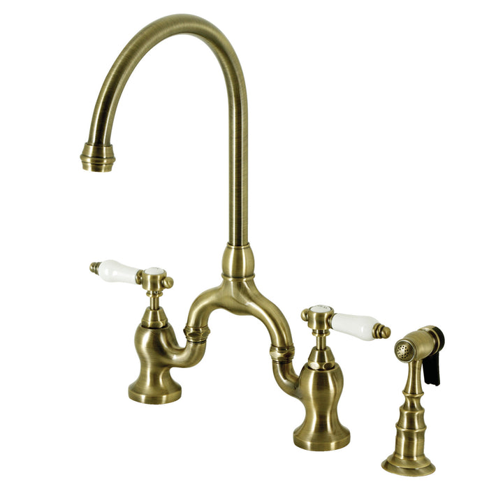 Bel-Air KS7793BPLBS Two-Handle 3-Hole Deck Mount Bridge Kitchen Faucet with Brass Side Sprayer, Antique Brass