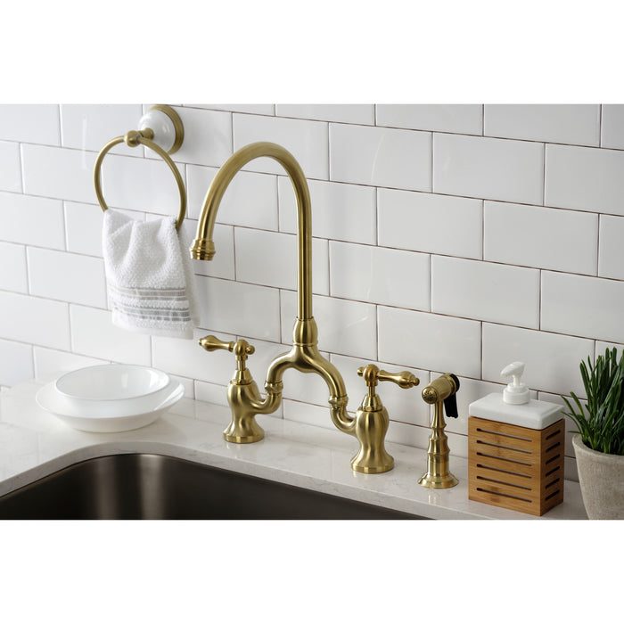 English Country KS7797ALBS Two-Handle 3-Hole Deck Mount Bridge Kitchen Faucet with Brass Side Sprayer, Brushed Brass