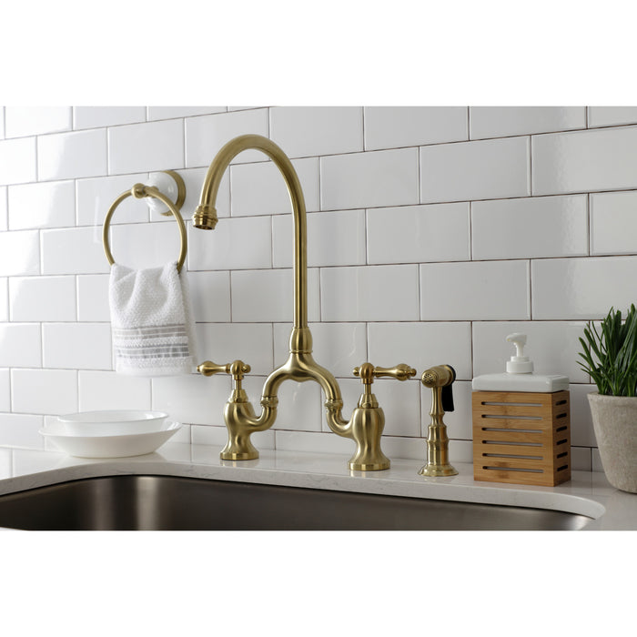 English Country KS7797ALBS Two-Handle 3-Hole Deck Mount Bridge Kitchen Faucet with Brass Side Sprayer, Brushed Brass