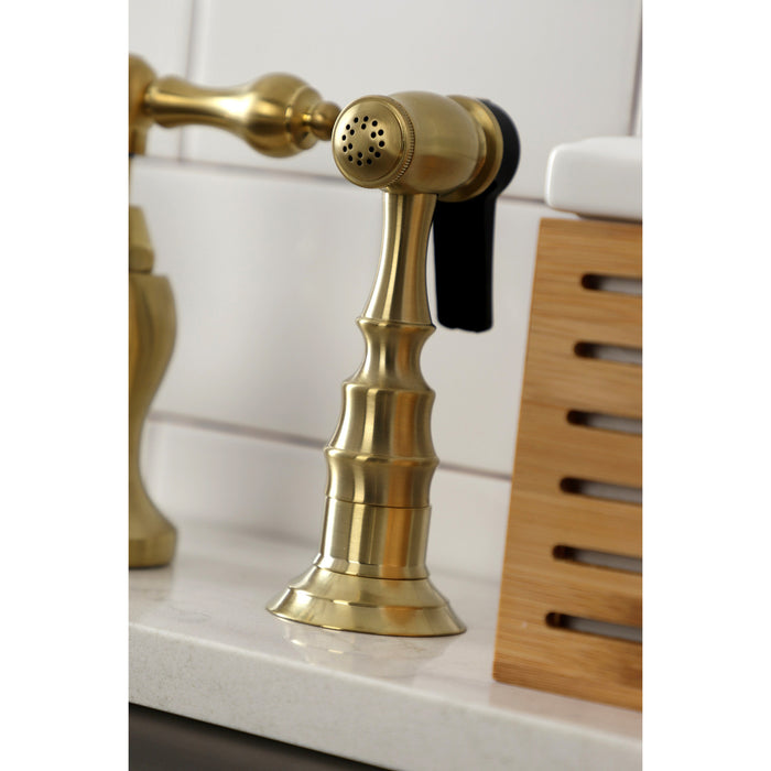 English Country KS7797ALBS Two-Handle 3-Hole Deck Mount Bridge Kitchen Faucet with Brass Side Sprayer, Brushed Brass