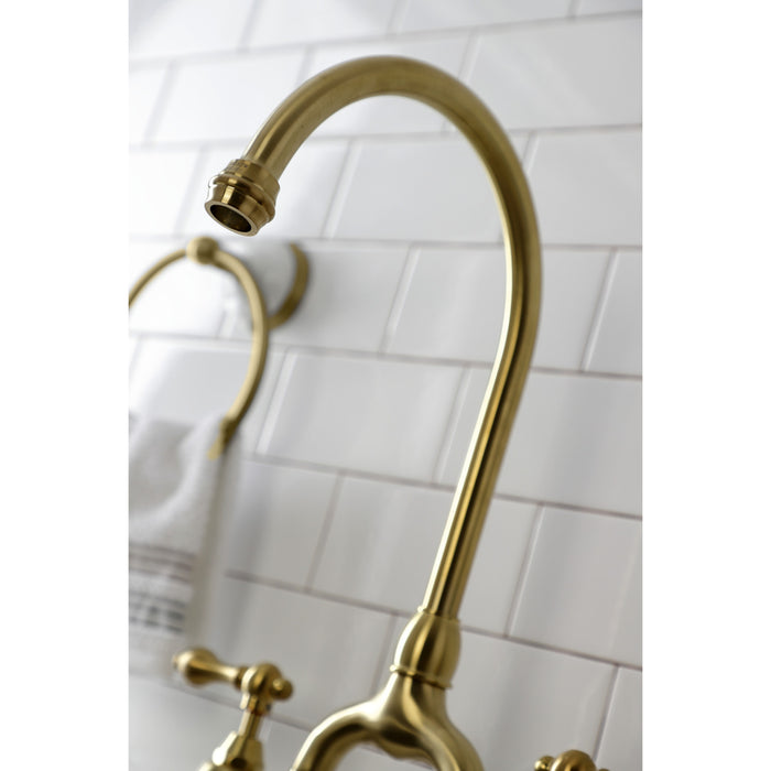 English Country KS7797ALBS Two-Handle 3-Hole Deck Mount Bridge Kitchen Faucet with Brass Side Sprayer, Brushed Brass