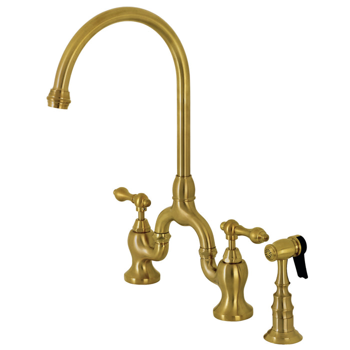 English Country KS7797ALBS Two-Handle 3-Hole Deck Mount Bridge Kitchen Faucet with Brass Side Sprayer, Brushed Brass