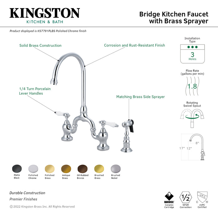 English Country KS7797PLBS Two-Handle 3-Hole Deck Mount Bridge Kitchen Faucet with Brass Side Sprayer, Brushed Brass