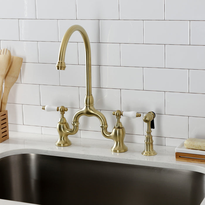 English Country KS7797PLBS Two-Handle 3-Hole Deck Mount Bridge Kitchen Faucet with Brass Side Sprayer, Brushed Brass