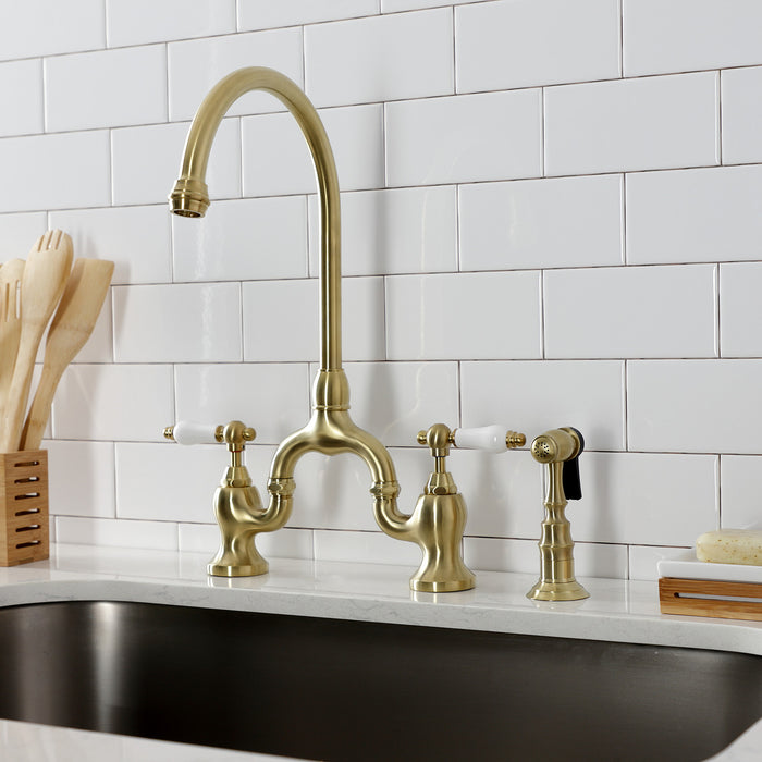 English Country KS7797PLBS Two-Handle 3-Hole Deck Mount Bridge Kitchen Faucet with Brass Side Sprayer, Brushed Brass