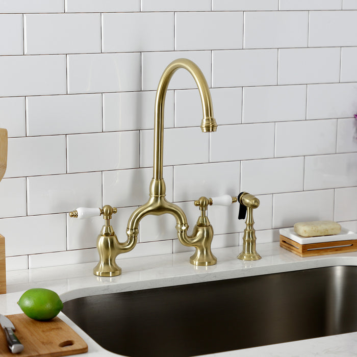 English Country KS7797PLBS Two-Handle 3-Hole Deck Mount Bridge Kitchen Faucet with Brass Side Sprayer, Brushed Brass