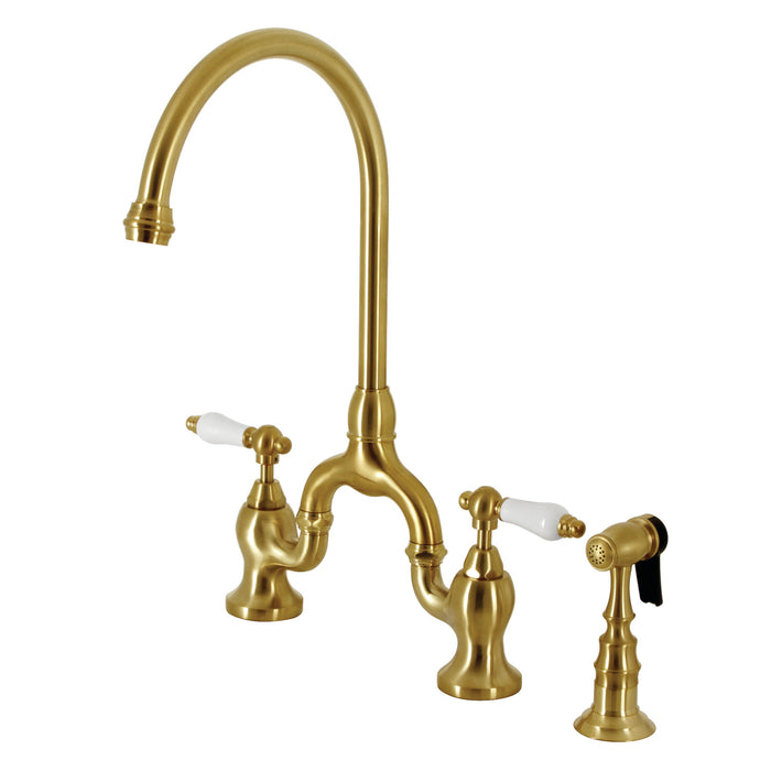 English Country KS7797PLBS Two-Handle 3-Hole Deck Mount Bridge Kitchen Faucet with Brass Side Sprayer, Brushed Brass