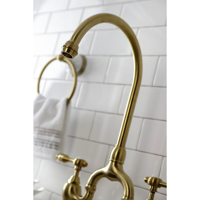 Tudor KS7797TALBS Two-Handle 3-Hole Deck Mount Bridge Kitchen Faucet with Brass Side Sprayer, Brushed Brass