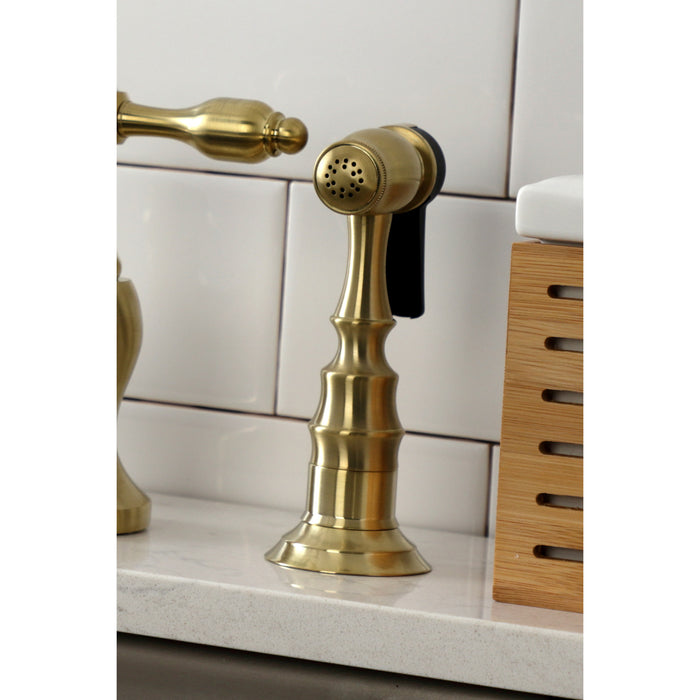 Tudor KS7797TALBS Two-Handle 3-Hole Deck Mount Bridge Kitchen Faucet with Brass Side Sprayer, Brushed Brass