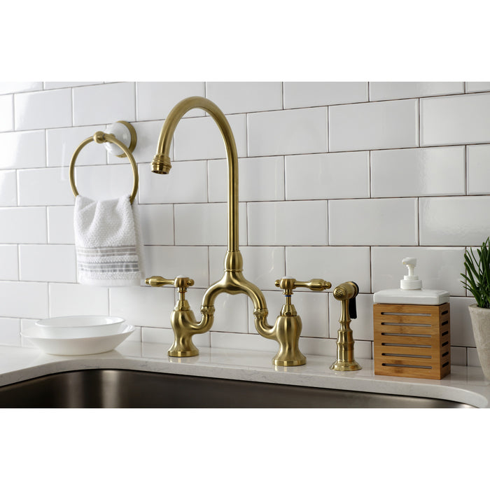 Tudor KS7797TALBS Two-Handle 3-Hole Deck Mount Bridge Kitchen Faucet with Brass Side Sprayer, Brushed Brass