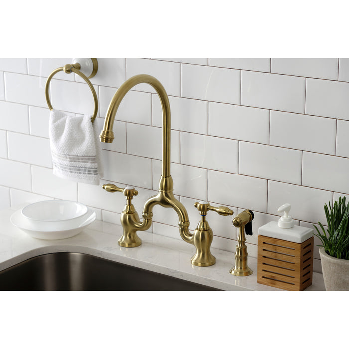 Tudor KS7797TALBS Two-Handle 3-Hole Deck Mount Bridge Kitchen Faucet with Brass Side Sprayer, Brushed Brass