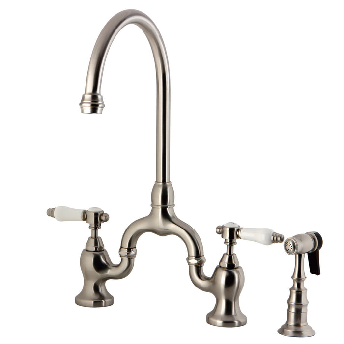 Bel-Air KS7798BPLBS Two-Handle 3-Hole Deck Mount Bridge Kitchen Faucet with Brass Side Sprayer, Brushed Nickel