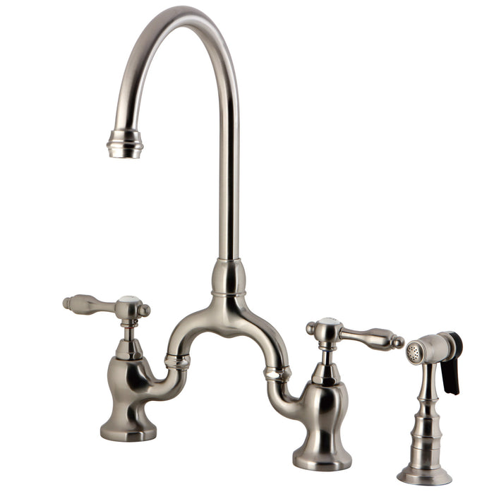 Tudor KS7798TALBS Two-Handle 3-Hole Deck Mount Bridge Kitchen Faucet with Brass Side Sprayer, Brushed Nickel