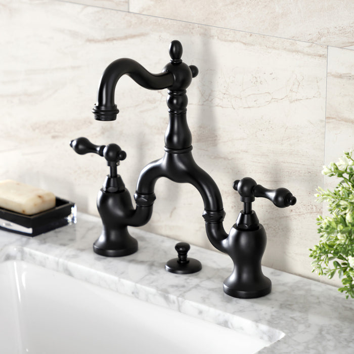 English Country KS7970AL Two-Handle 3-Hole Deck Mount Bridge Bathroom Faucet with Brass Pop-Up, Matte Black