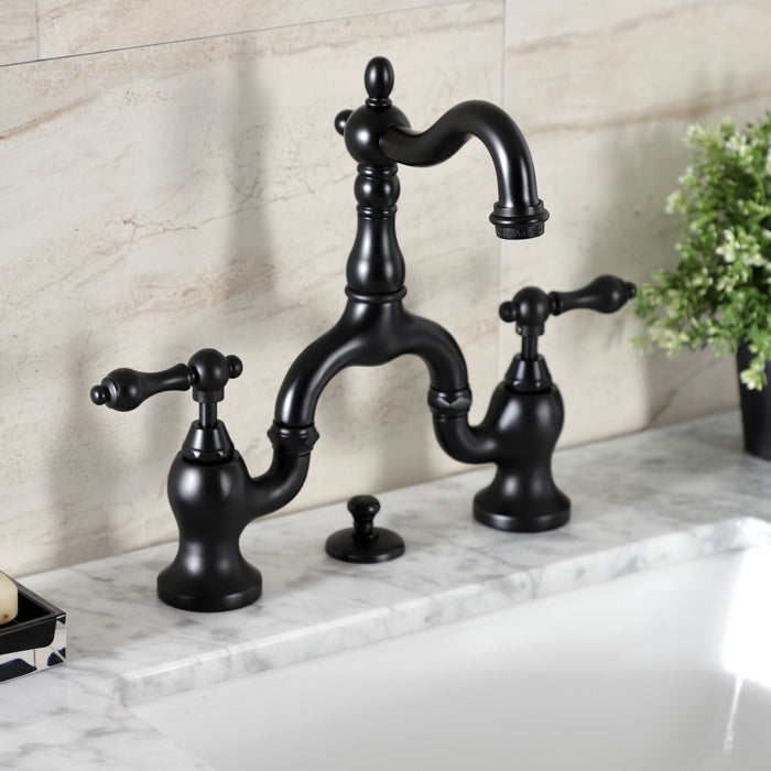 English Country KS7970AL Two-Handle 3-Hole Deck Mount Bridge Bathroom Faucet with Brass Pop-Up, Matte Black