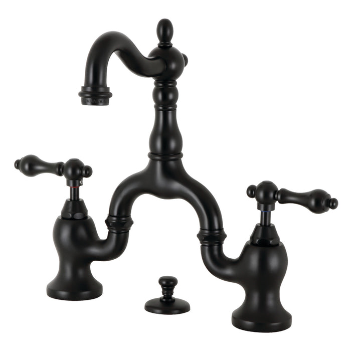 English Country KS7970AL Two-Handle 3-Hole Deck Mount Bridge Bathroom Faucet with Brass Pop-Up, Matte Black