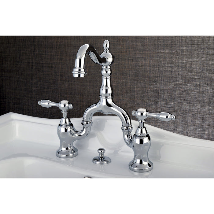 Tudor KS7971TAL Two-Handle 3-Hole Deck Mount Bridge Bathroom Faucet with Brass Pop-Up, Polished Chrome