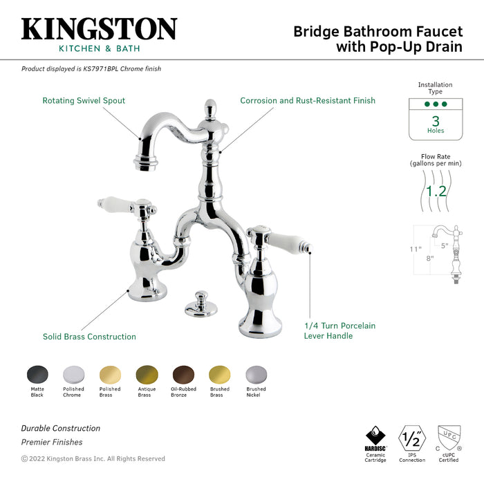 Bel-Air KS7972BPL Two-Handle 3-Hole Deck Mount Bridge Bathroom Faucet with Brass Pop-Up, Polished Brass