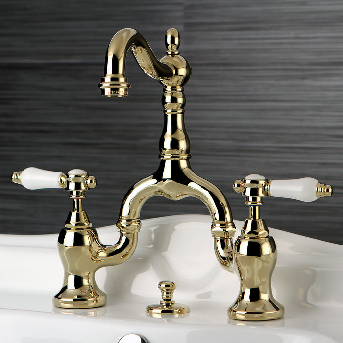 Bel-Air KS7972BPL Two-Handle 3-Hole Deck Mount Bridge Bathroom Faucet with Brass Pop-Up, Polished Brass