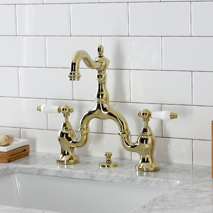 English Country KS7972PL Two-Handle 3-Hole Deck Mount Bridge Bathroom Faucet with Brass Pop-Up, Polished Brass