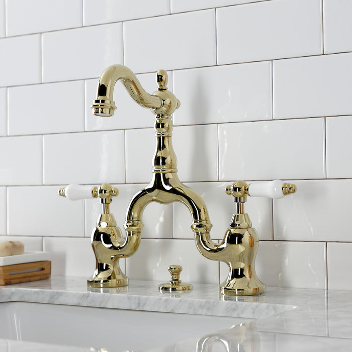 English Country KS7972PL Two-Handle 3-Hole Deck Mount Bridge Bathroom Faucet with Brass Pop-Up, Polished Brass