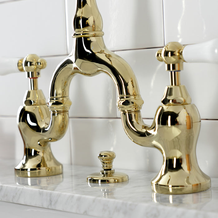 English Country KS7972PL Two-Handle 3-Hole Deck Mount Bridge Bathroom Faucet with Brass Pop-Up, Polished Brass