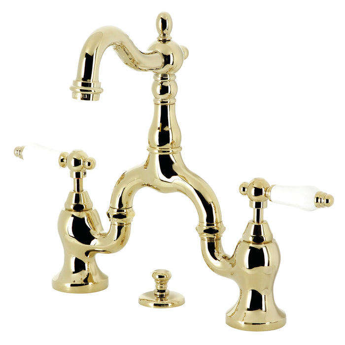 English Country KS7972PL Two-Handle 3-Hole Deck Mount Bridge Bathroom Faucet with Brass Pop-Up, Polished Brass