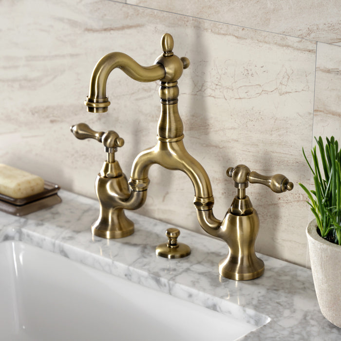 English Country KS7973AL Two-Handle 3-Hole Deck Mount Bridge Bathroom Faucet with Brass Pop-Up, Antique Brass