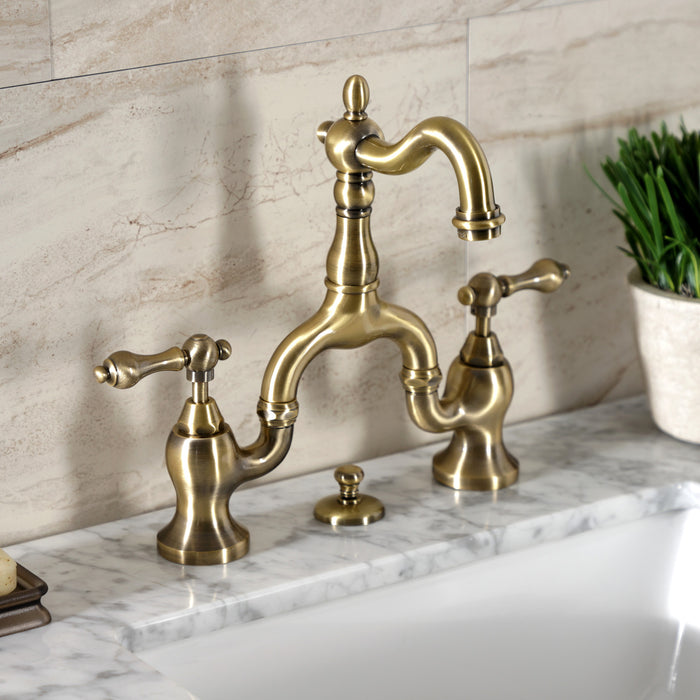 English Country KS7973AL Two-Handle 3-Hole Deck Mount Bridge Bathroom Faucet with Brass Pop-Up, Antique Brass