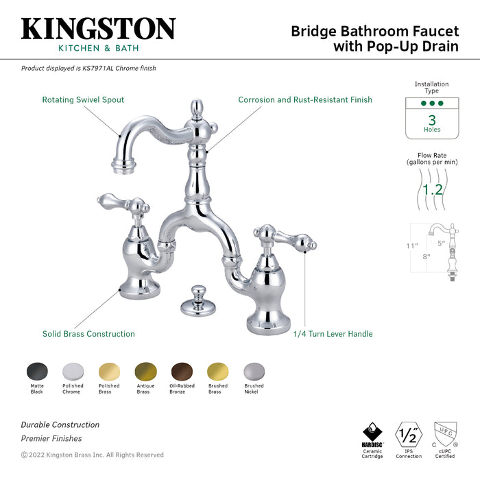 English Country KS7977AL Two-Handle 3-Hole Deck Mount Bridge Bathroom Faucet with Brass Pop-Up, Brushed Brass