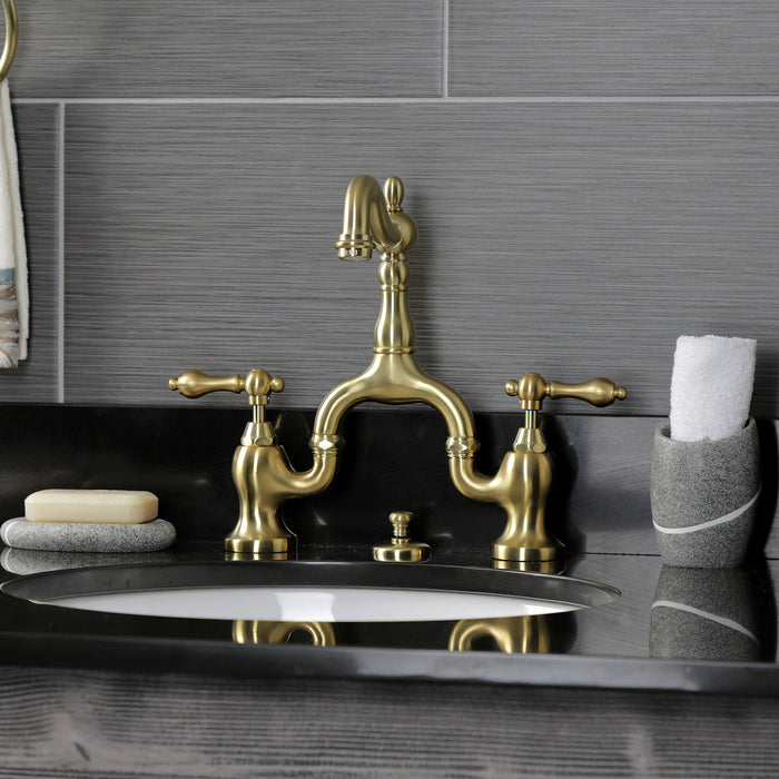 English Country KS7977AL Two-Handle 3-Hole Deck Mount Bridge Bathroom Faucet with Brass Pop-Up, Brushed Brass