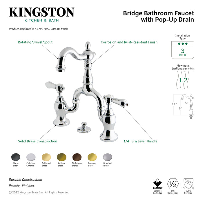 Heirloom KS7977BAL Two-Handle 3-Hole Deck Mount Bridge Bathroom Faucet with Brass Pop-Up, Brushed Brass