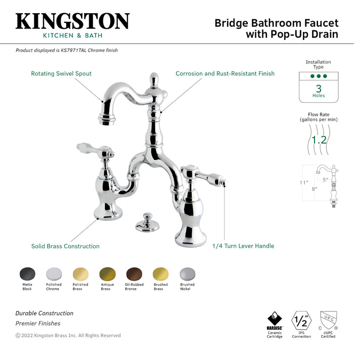 Tudor KS7978TAL Two-Handle 3-Hole Deck Mount Bridge Bathroom Faucet with Brass Pop-Up, Brushed Nickel