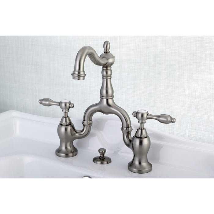 Tudor KS7978TAL Two-Handle 3-Hole Deck Mount Bridge Bathroom Faucet with Brass Pop-Up, Brushed Nickel