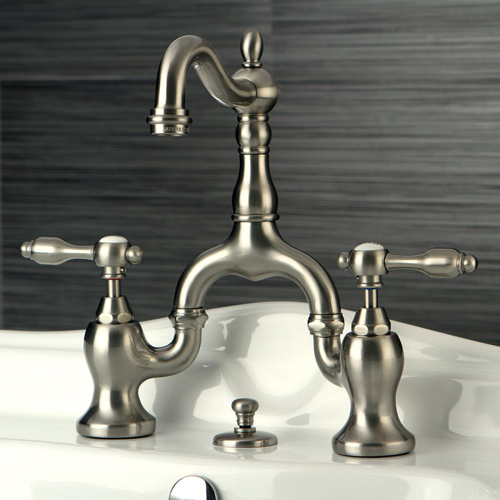 Tudor KS7978TAL Two-Handle 3-Hole Deck Mount Bridge Bathroom Faucet with Brass Pop-Up, Brushed Nickel