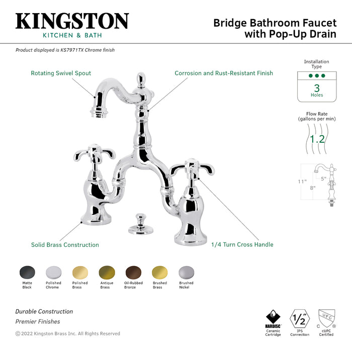 French Country KS7978TX Two-Handle 3-Hole Deck Mount Bridge Bathroom Faucet with Brass Pop-Up, Brushed Nickel