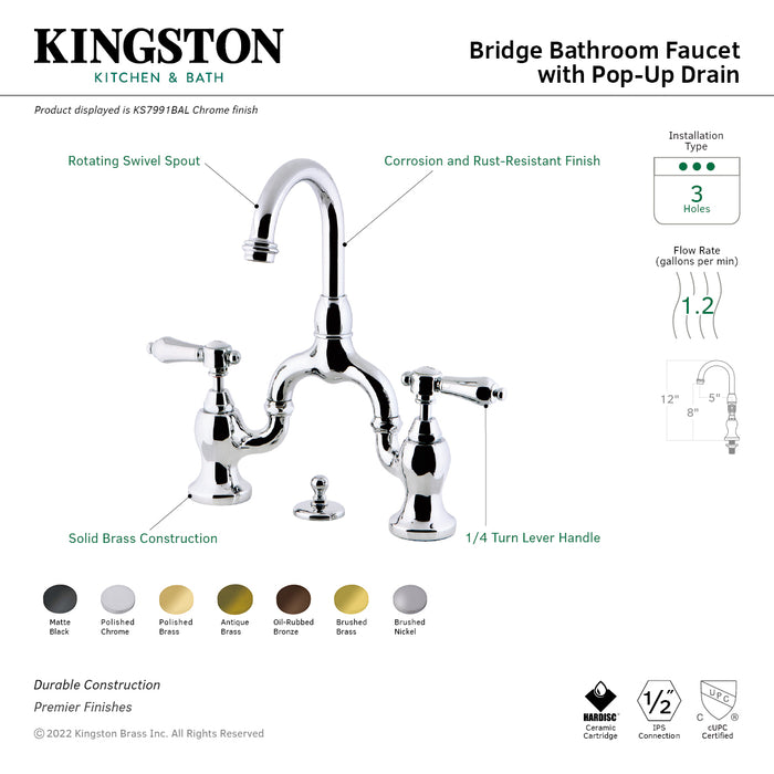 Heirloom KS7990BAL Two-Handle 3-Hole Deck Mount Bridge Bathroom Faucet with Brass Pop-Up, Matte Black