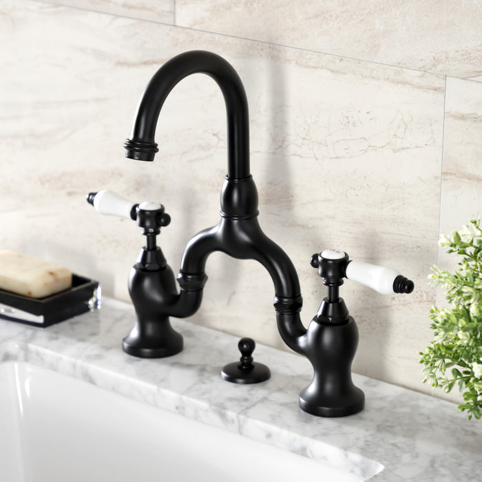 Bel-Air KS7990BPL Two-Handle 3-Hole Deck Mount Bridge Bathroom Faucet with Brass Pop-Up, Matte Black