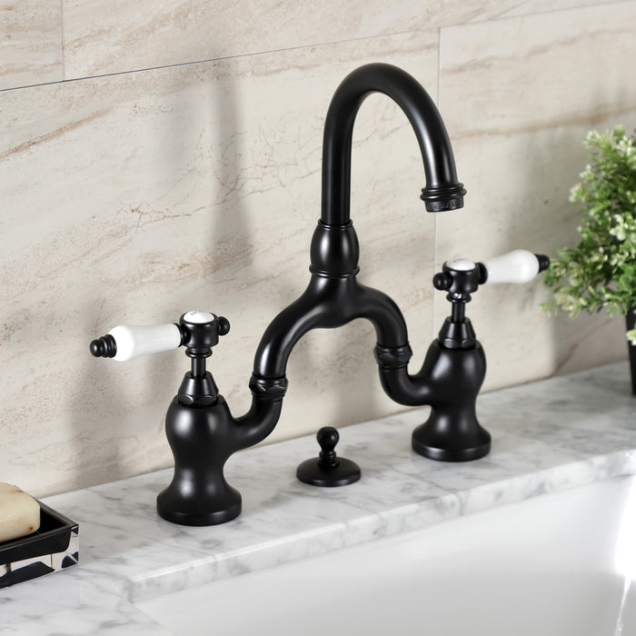 Bel-Air KS7990BPL Two-Handle 3-Hole Deck Mount Bridge Bathroom Faucet with Brass Pop-Up, Matte Black