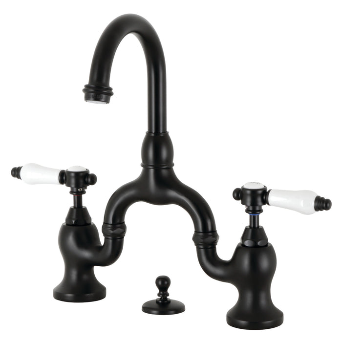 Bel-Air KS7990BPL Two-Handle 3-Hole Deck Mount Bridge Bathroom Faucet with Brass Pop-Up, Matte Black