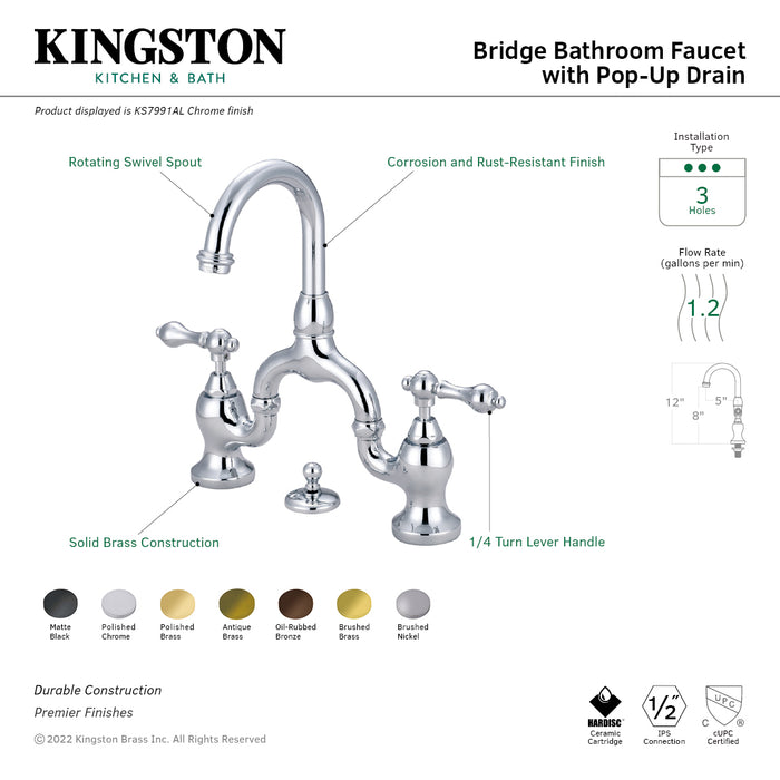 English Country KS7992AL Two-Handle 3-Hole Deck Mount Bridge Bathroom Faucet with Brass Pop-Up, Polished Brass