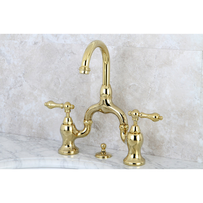 English Country KS7992AL Two-Handle 3-Hole Deck Mount Bridge Bathroom Faucet with Brass Pop-Up, Polished Brass