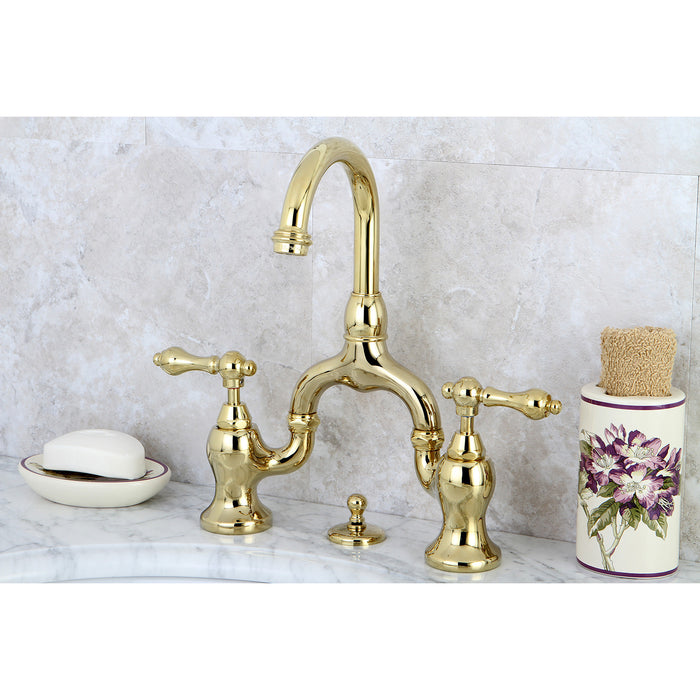 English Country KS7992AL Two-Handle 3-Hole Deck Mount Bridge Bathroom Faucet with Brass Pop-Up, Polished Brass