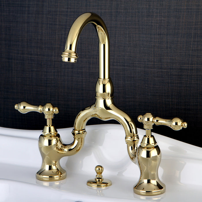 English Country KS7992AL Two-Handle 3-Hole Deck Mount Bridge Bathroom Faucet with Brass Pop-Up, Polished Brass