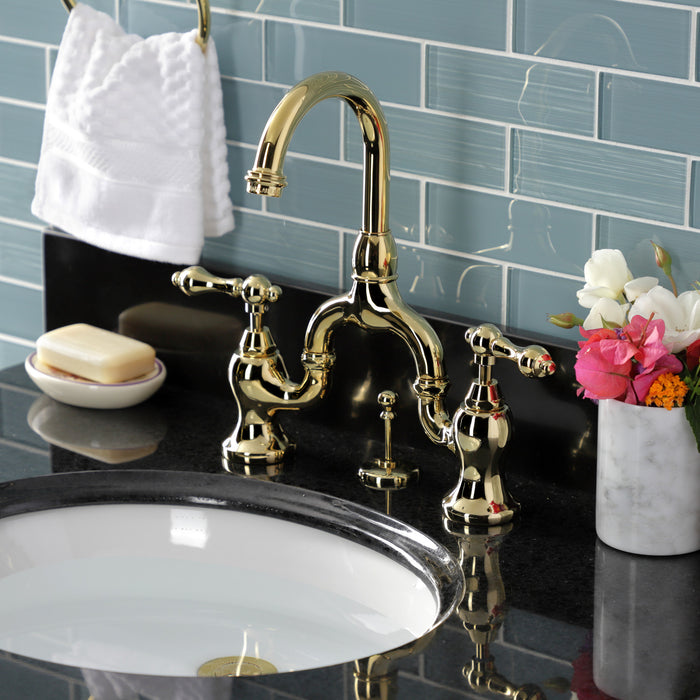 English Country KS7992AL Two-Handle 3-Hole Deck Mount Bridge Bathroom Faucet with Brass Pop-Up, Polished Brass