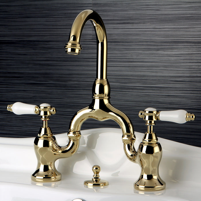 Bel-Air KS7992BPL Two-Handle 3-Hole Deck Mount Bridge Bathroom Faucet with Brass Pop-Up, Polished Brass