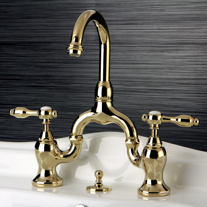 Tudor KS7992TAL Two-Handle 3-Hole Deck Mount Bridge Bathroom Faucet with Brass Pop-Up, Polished Brass