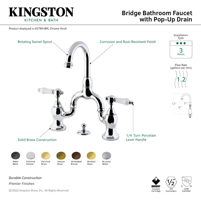 Bel-Air KS7997BPL Two-Handle 3-Hole Deck Mount Bridge Bathroom Faucet with Brass Pop-Up, Brushed Brass