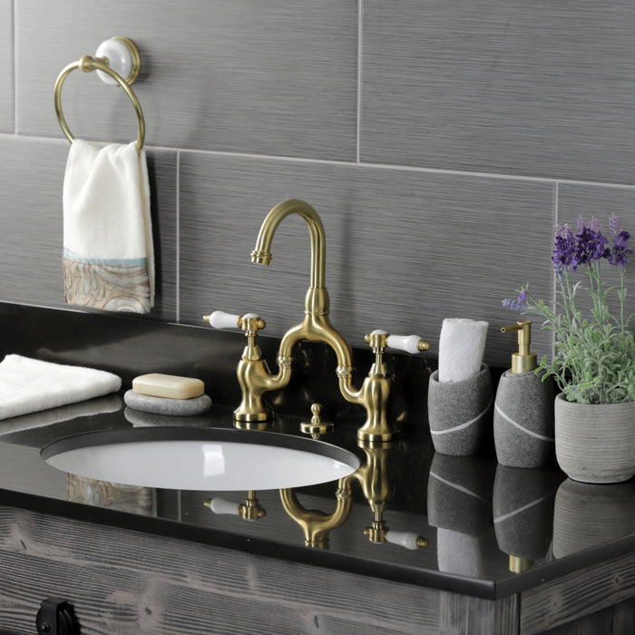 Bel-Air KS7997BPL Two-Handle 3-Hole Deck Mount Bridge Bathroom Faucet with Brass Pop-Up, Brushed Brass